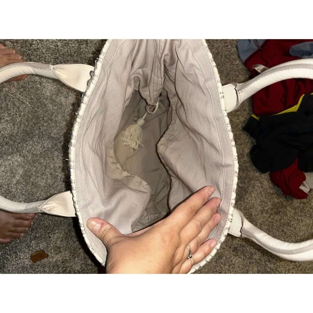 Sam Edelman Tori Tote Ivory Sequin Bag Beachy Boho Woven Drawstring Closure - Picture 4 of 11